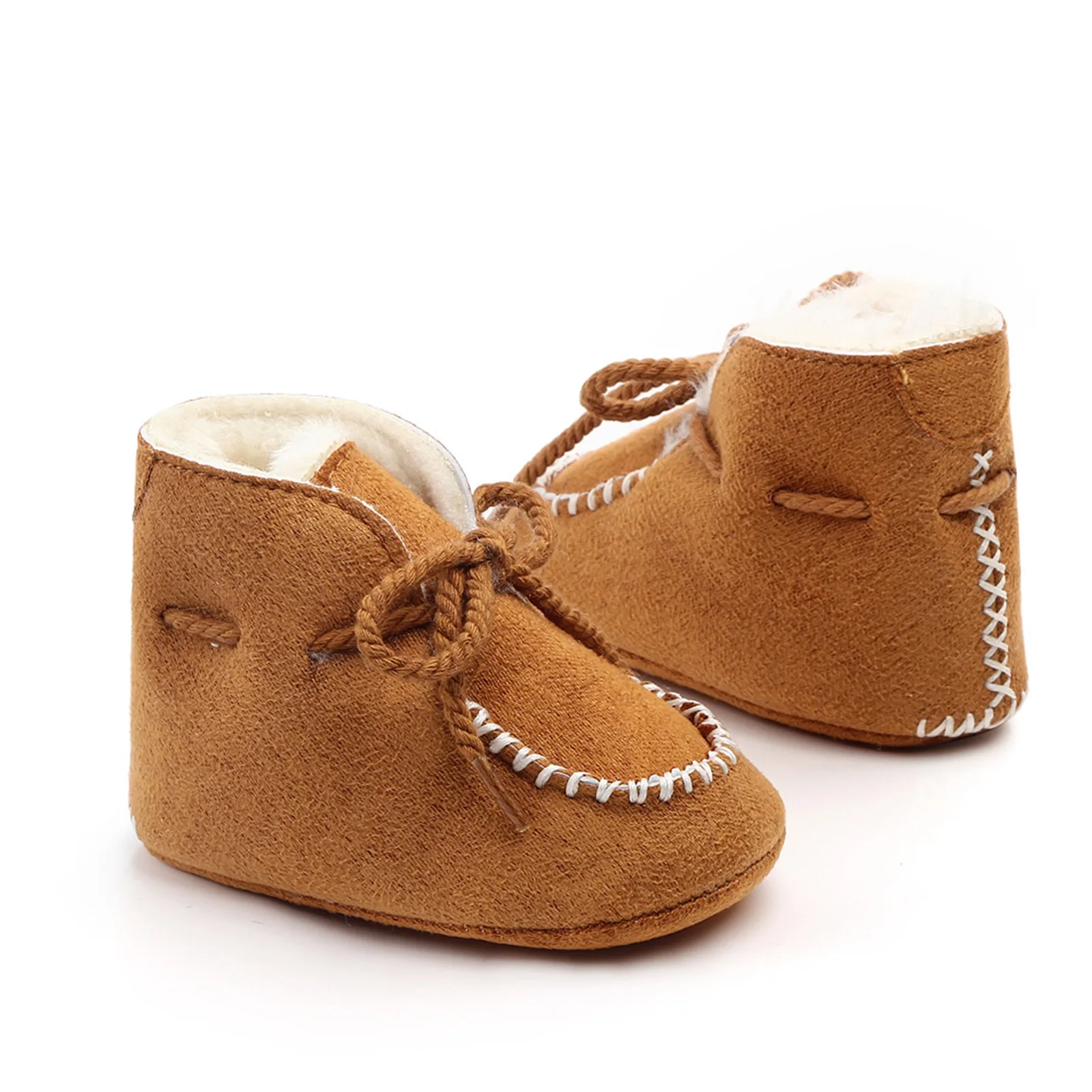Newborn Baby Winter Thicken Lining Boots Tie-Up Adjustable Drawstring Non-Slip Sole Plain Warm Thermal Early Walkers Shoes