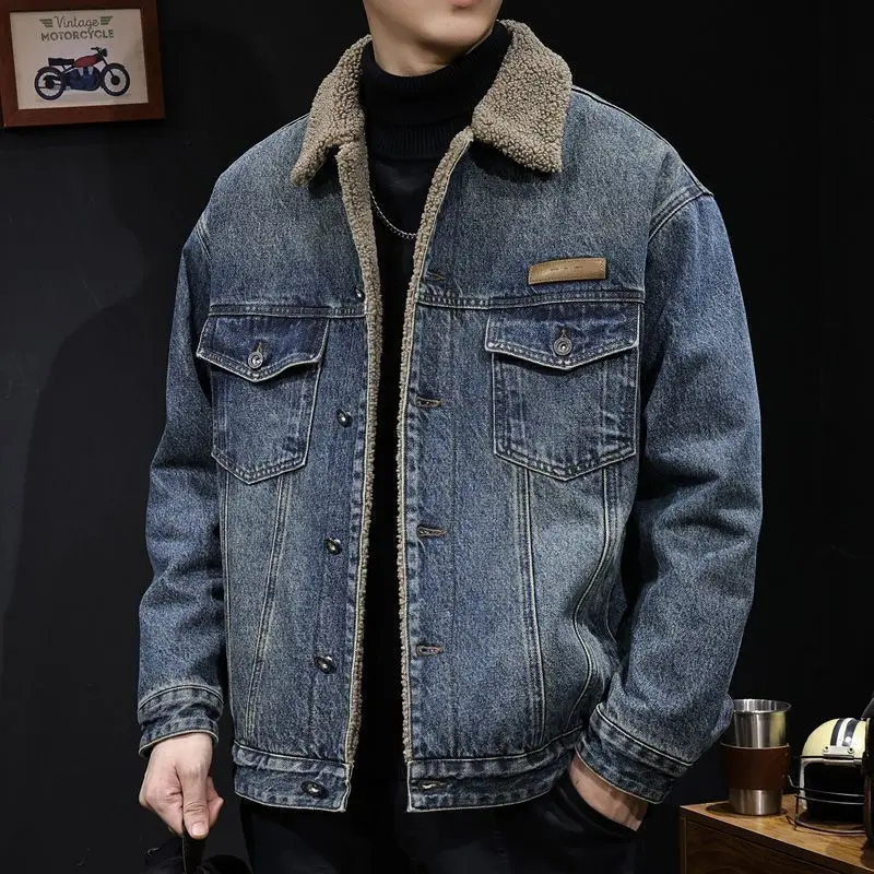남성용 플리스 안감 재킷 캐주얼 따뜻한 빈티지 스타일 긴팔 청바지 셔츠 아우터웨어 아메리칸 스타일 청년 패션