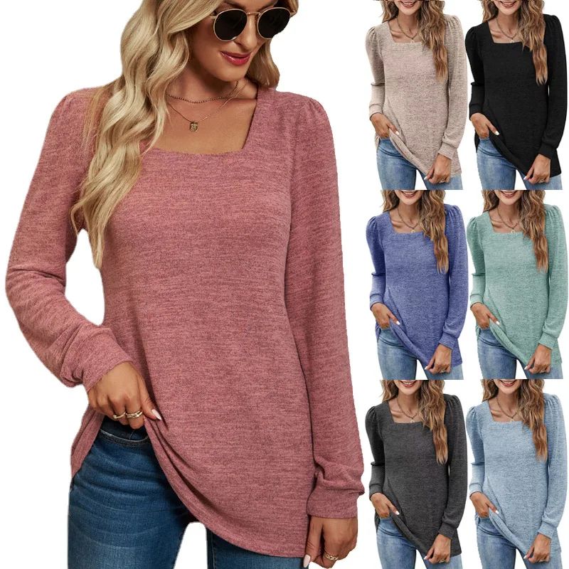 

2023, fall, solid color, square-neck, long-sleeved t-shirt