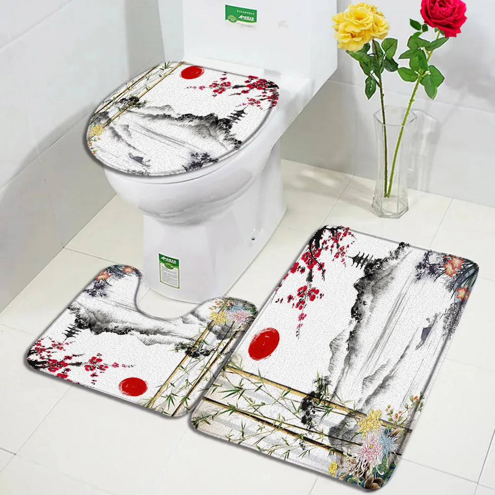 

Античный пейзаж, набор ковриков для ванной, зеленые бамбуковые цветы, чернила, Горный пейзаж, декоративный ковер для ванной комнаты, нескользящий чехол с крышкой