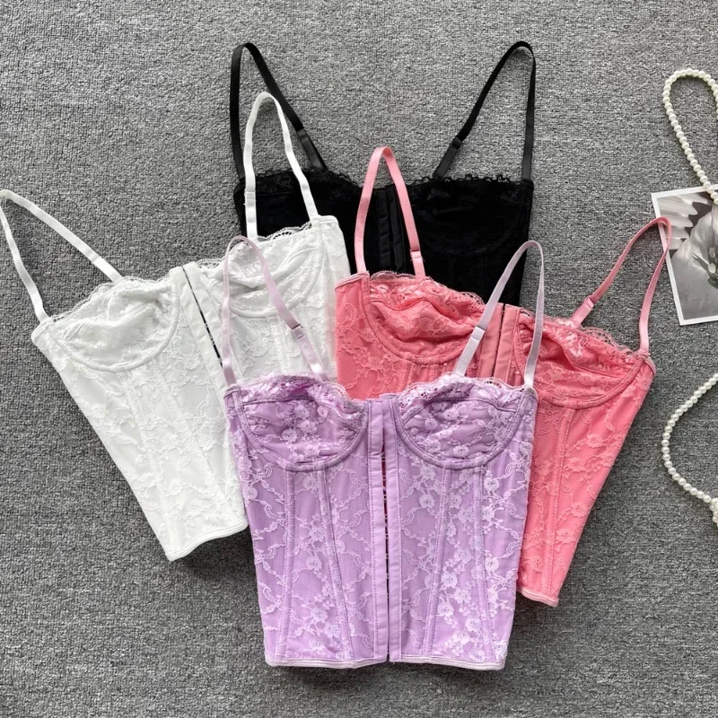 Women Camisole Tops Skinny Backless Multi-color Embroidery Lace Spaghetti Strap Fishbone