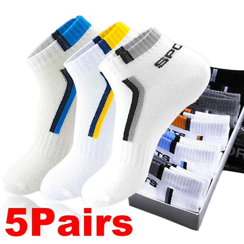 5Pairs Men Sport Socks Spring and Summer Thin Breathable Mesh Boat Sock Cotton Sweat-absorbing Deodorant Sock Short Sox EU 38-46