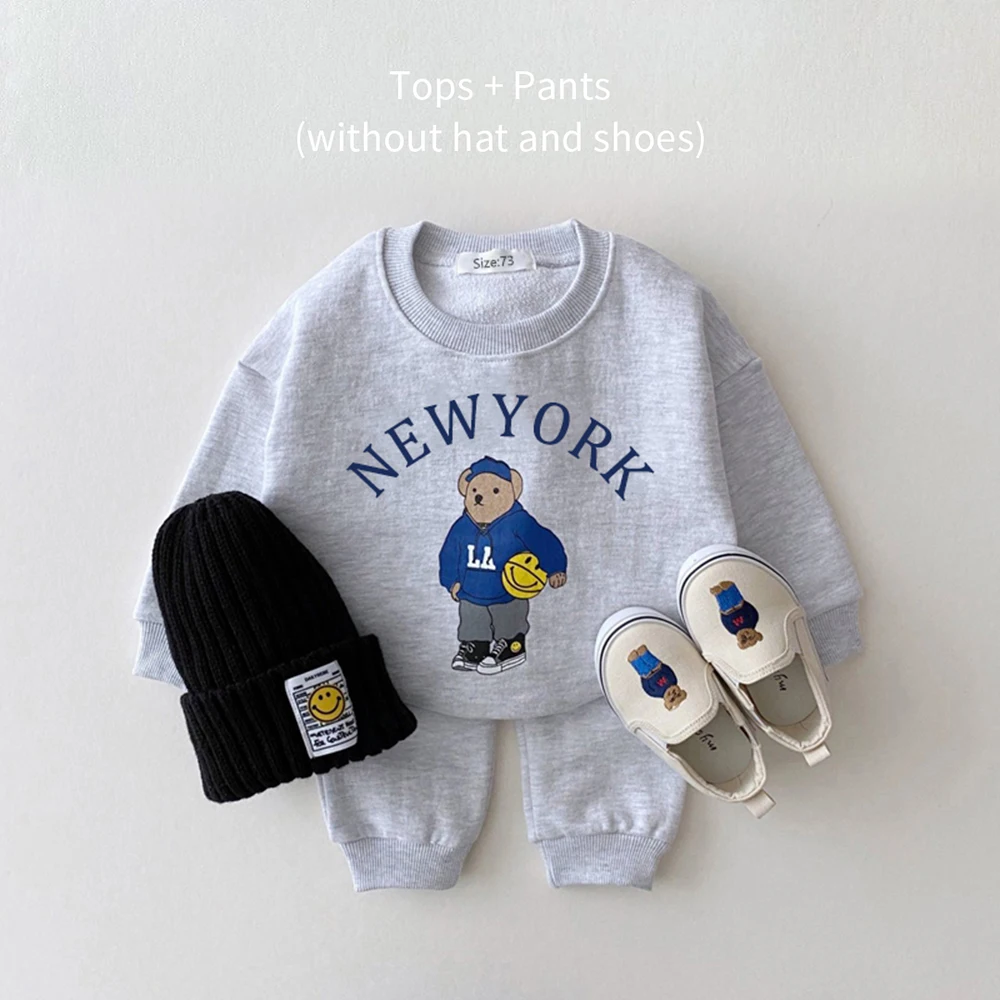 Baby Outfits Newborn Spring Autumn 2PCS Baby 0-4Y Cotton Thick Long Sleeves+Pants Bear Boys Girls Printed Clothes Warmth Set Children