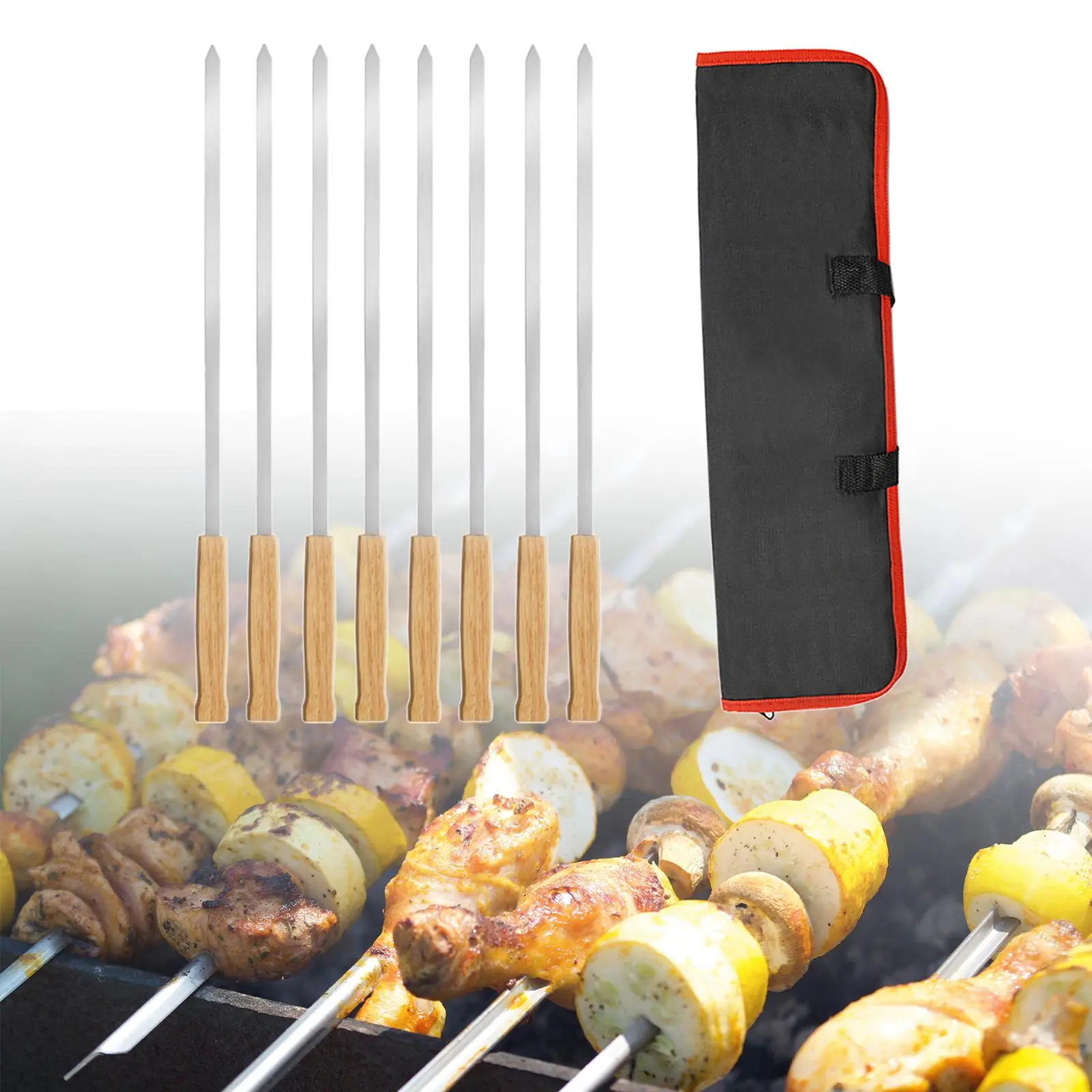 보관 파우치가 있는 바비큐 스틱, 바비큐 핀 스틱, 금속 꼬치, 닭고기 구이용, 새우 해물 구이, 8 개