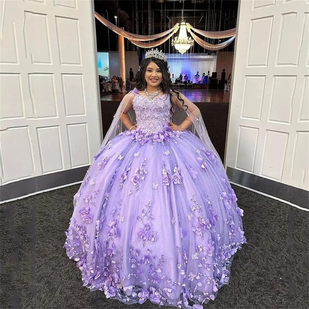 

ANGELSBRIDEP Лавандовые платья принцессы Quinceanera с запахом накидка Кружевная аппликация 3D Цветы бусины с открытой спиной для конкурса искусственный корсет