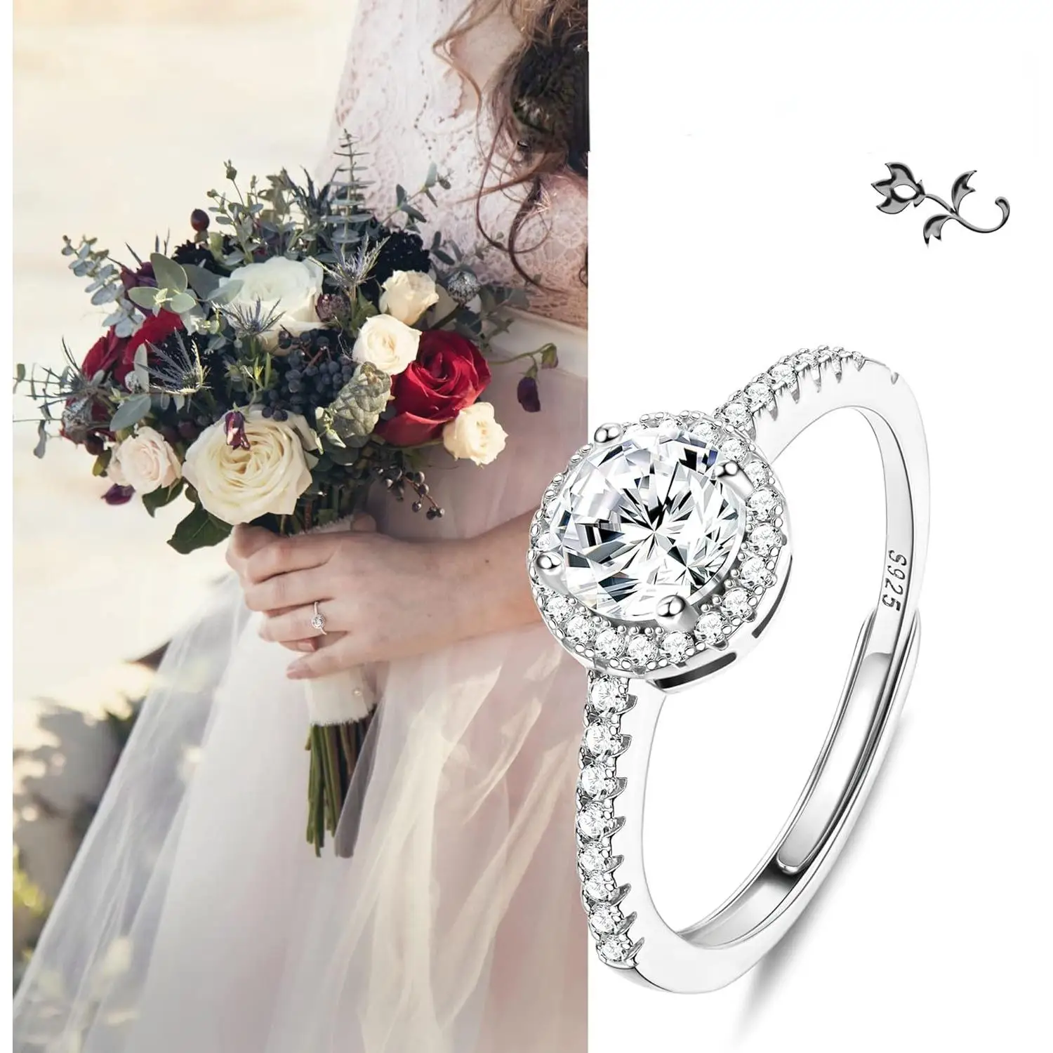 Fansilver 925 Sterling Silver Cubic Zirconia Rings for Women Round Square Solitaire Wedding Promise Eternity Ring Adjustable