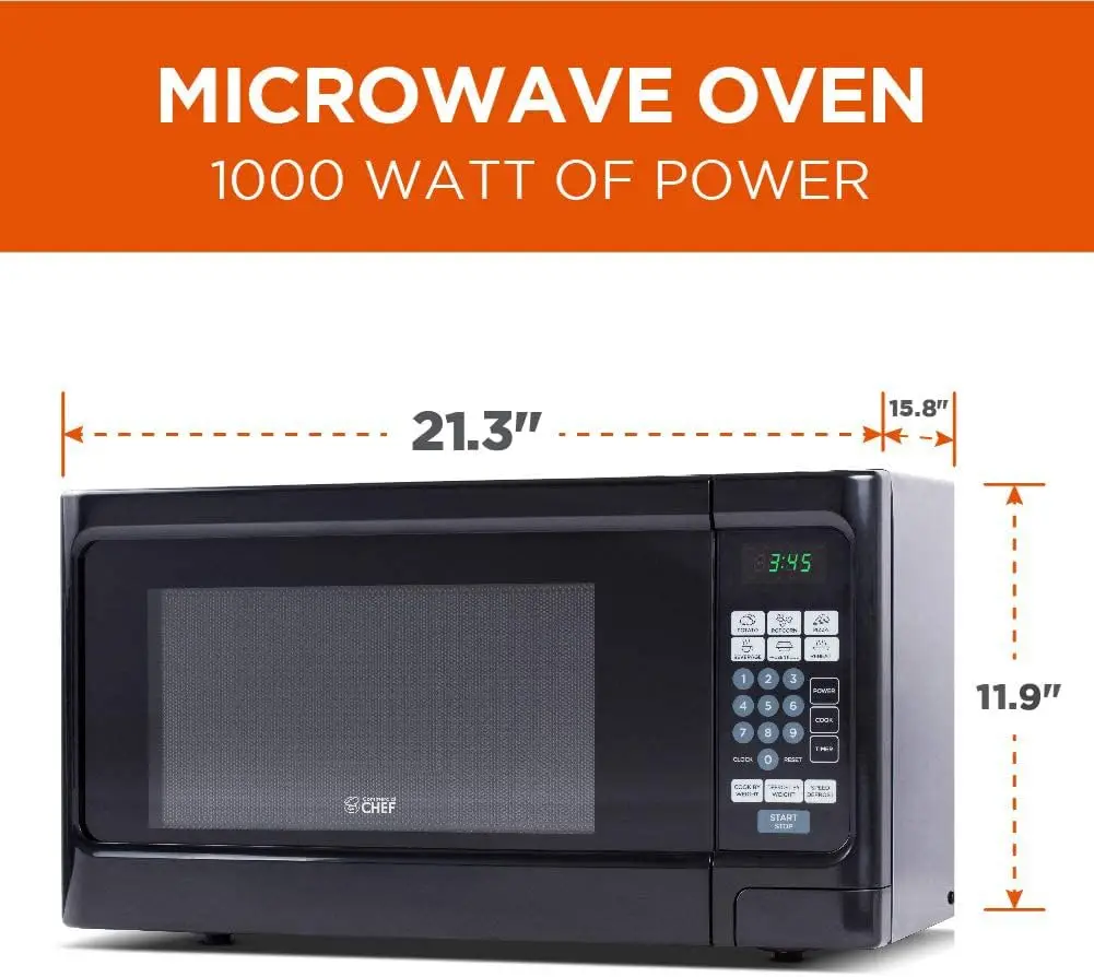 Countertop 1.1 Cubic Feet Microwave Oven, 1000 Watt, Black Front with Black Cabinet, Commercial Chef CHCM11100B 3