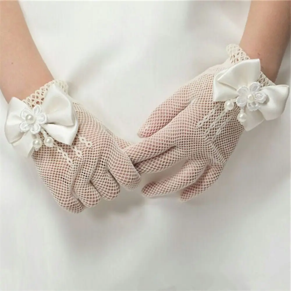 Lace Wedding Gloves for Kids Girls White Pink