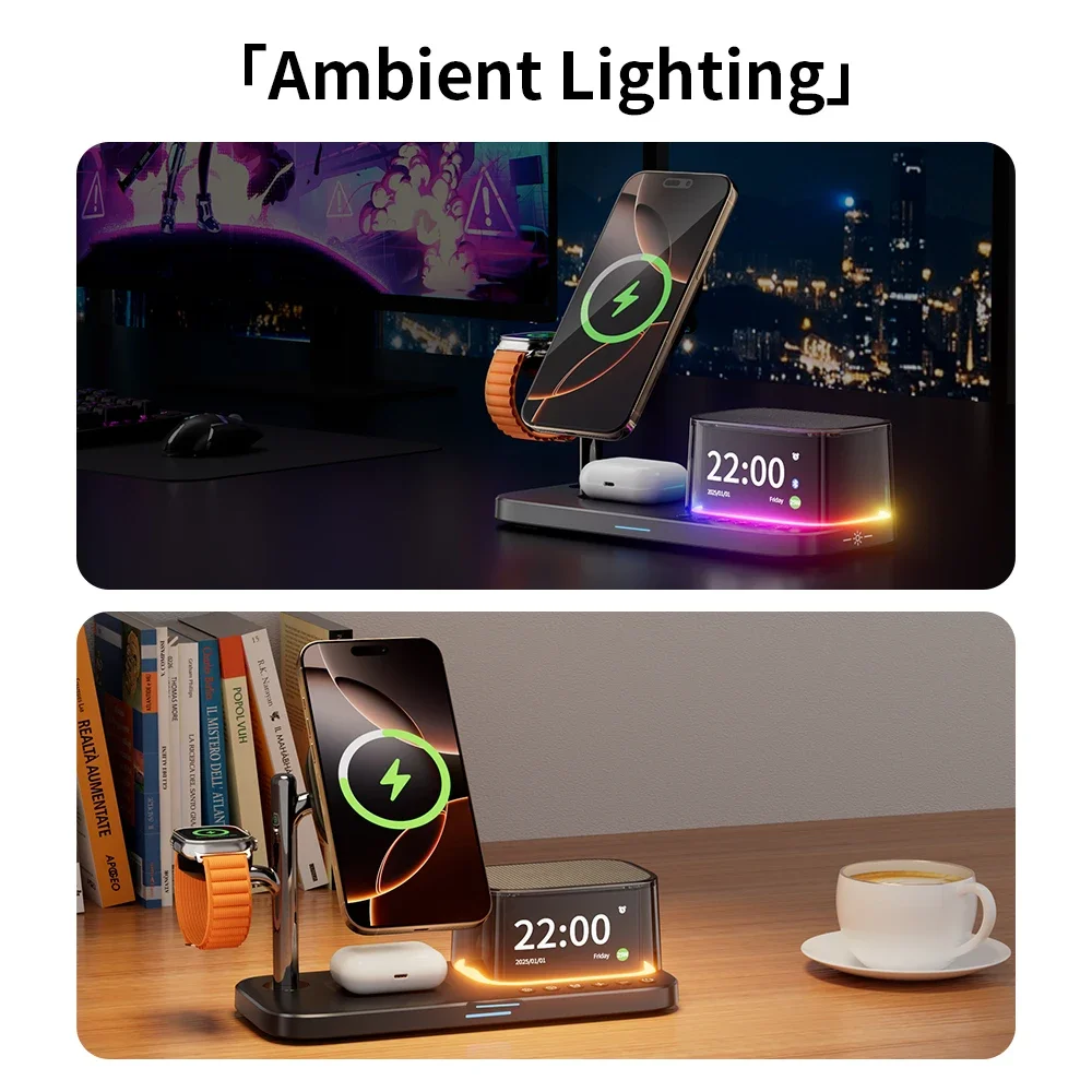 5 in 1 25W 마그네틱 무선 충전 스탠드 블루투스 스피커 아이폰 12-17 Pro Max 애플워치 11-2 SE 에어팟 고속 충전