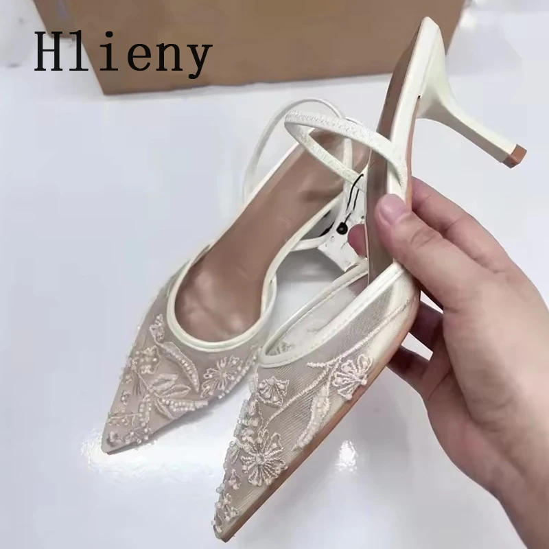 Hlieny Woman Designer Embroidery Flowers Mesh Pointed Toe White High Heels Mules Sandals Women Pumps Shoes Sexy Stilettos Mujer 5