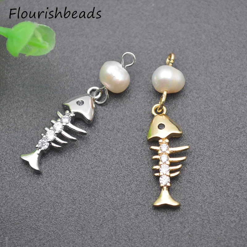 

New Design Anti Rust Gold Rhodium Plating Pearl Beads CZ Pave Fish Bone Charms Pendants Jewelry Making Supplier 20pcs/lot