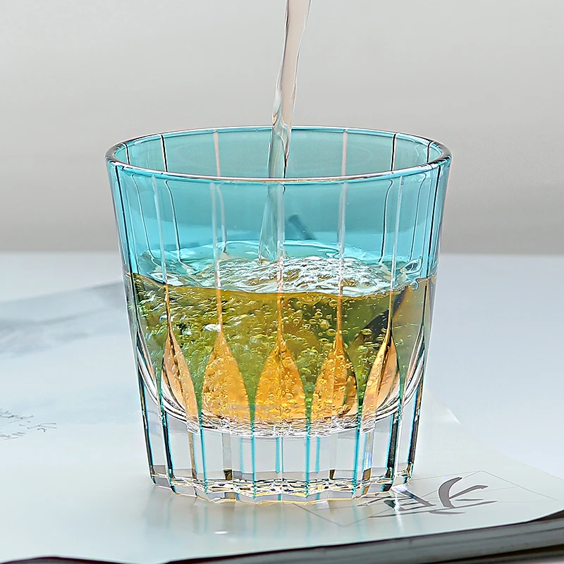 New Sky Blue Handmade Edo Kiriko Whiskey Old Fashioned Glass Tumbler 320 ml With Gift Box