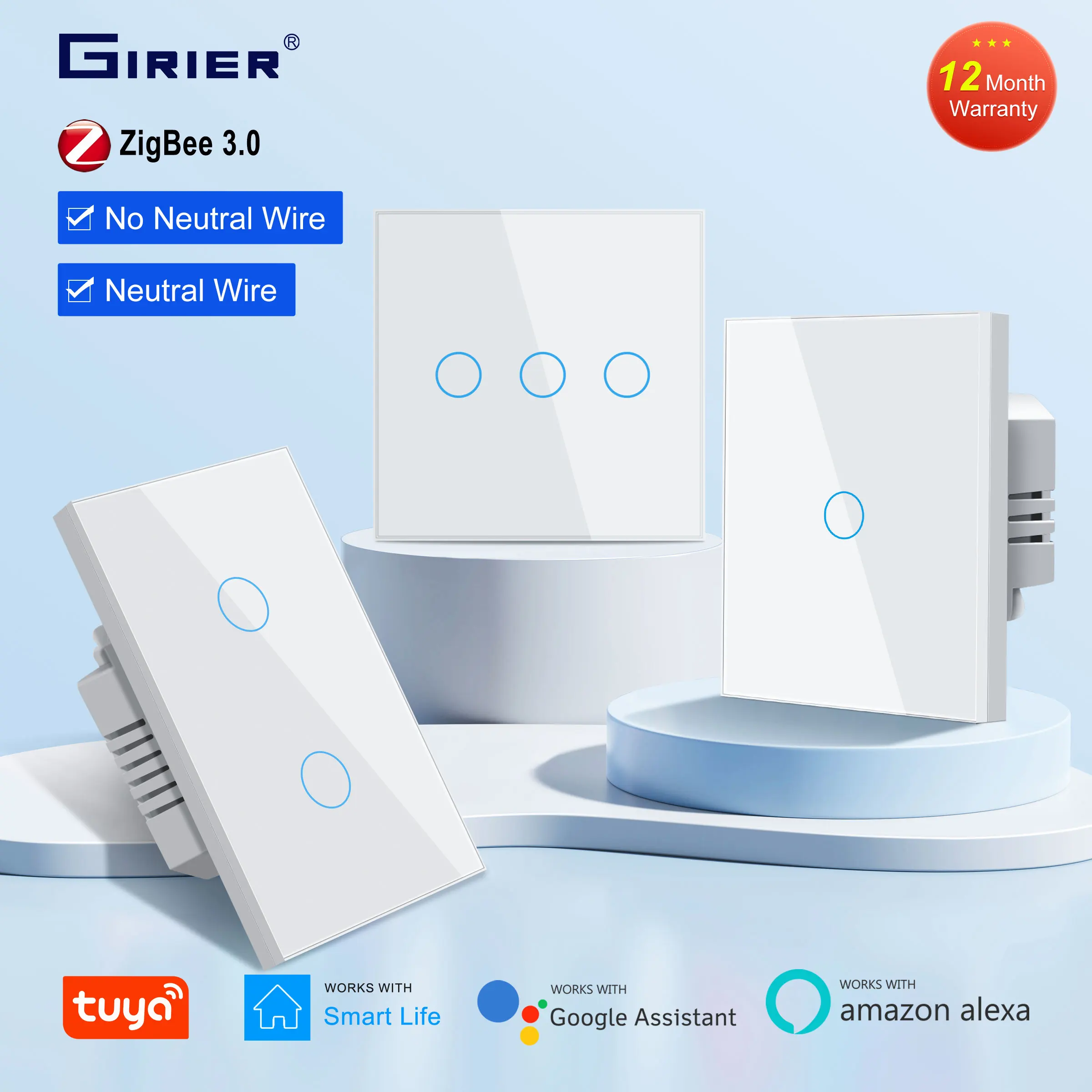 

GIRIER Tuya ZigBee Smart Light Switch 1/2/3 Gang, Wall Touch Switches EU/US Type Support Alexa Hey Google, Neutral Wire Optional