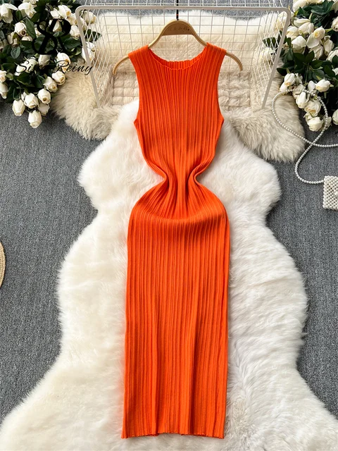 SINGREINY Women Sheath Long Dress O Neck Sleeveless Solid Pleated Knit Elastic Fashion Elegant Stiped Retro Sexy Bodycon Dress 1