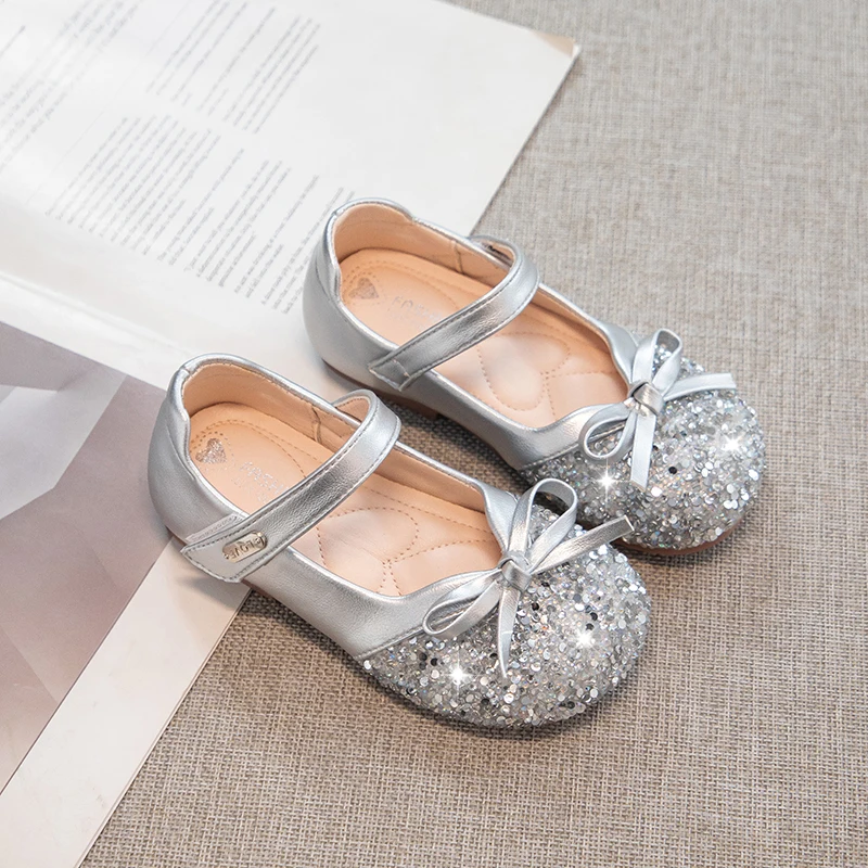Girls Sequins Leather Shoes for Party Wedding Children Princess Shoes with Bow-knot Fashion Kids Shallow Ballet Shoes Size 25-36