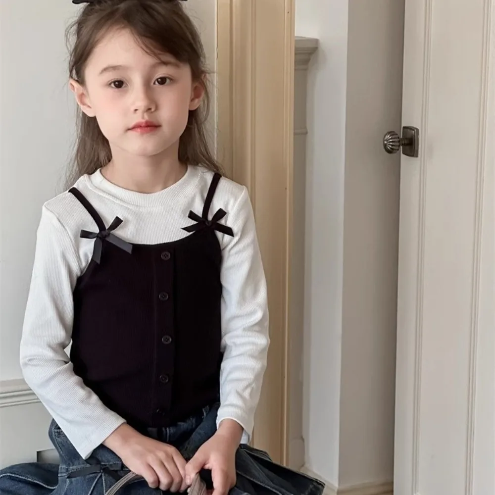 Fashion Korean Style False Two-piece Top Princess Bow Long Sleeve T-shirt Elegant Base Shirt Girls Wear