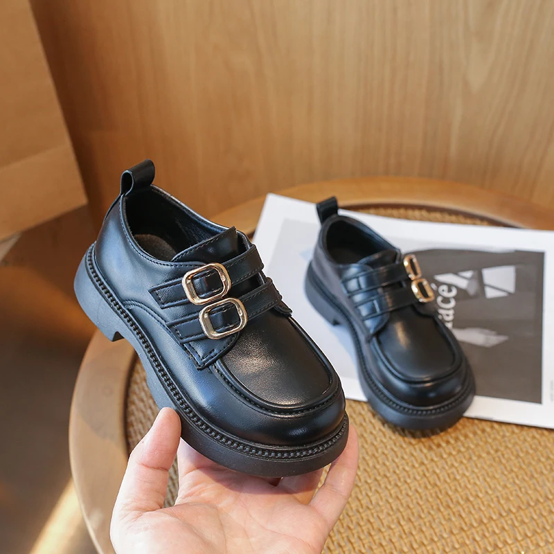 Children Leather Shoes Buckle Solid Color School Spring Kids Flat Shoe 23-36 Unisex Fashion Round Toe Flexiable Boys Girls Shoe