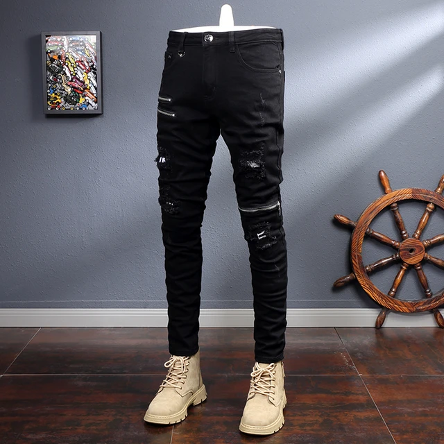 Græsse sammenhængende ophobe Streetwear Fashion Men Jeans Black Color Elastic Destroyed Slim Ripped Jeans  Men Zipper Designer Hip Hop Denim Punk Pants Hombre - Jeans - AliExpress