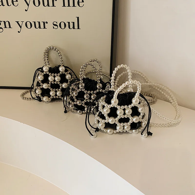Chic Mini Pearl Bags for Women Trend 2024 Summer Fairy Style Cute Bucket Handbag Party Fashion Woven Hollow Shoulder Bag Woman
