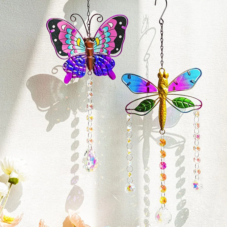 Stained Glass Window Hanging Suncatcher with Crystals Butterfly Dragonfly Sun Catchers Garden Decoration Prism Rainbow Maker