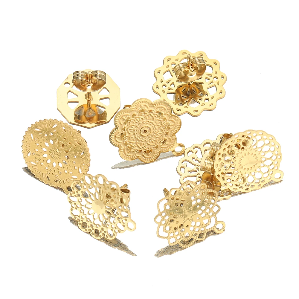 

10pcs Retro Carved Flower Stainless Steel Bohemia Stud Earrings Findings Base Needle Post Components DIY Earrings Jewelry Making