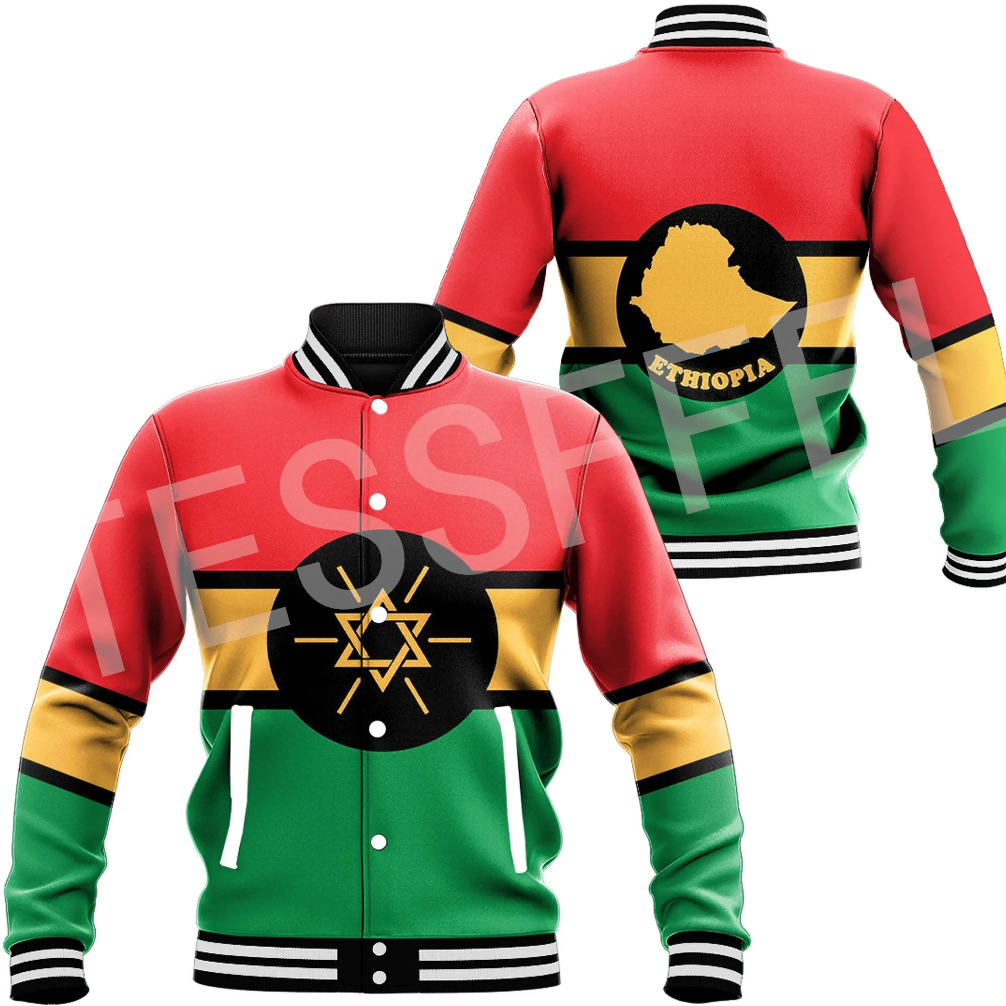 NewFashion Africa Ethiopia Country Flag Tattoo Retro Casual Funny Harajuku Windbreaker Button Bomber Jacket Baseball Jackets X6