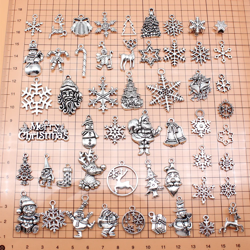 

53pcs/set Christmas Snowflakes Elk Snowman Santa Claus Christmas Tree Charms Jewelry Making Supplies Necklace Wholesale