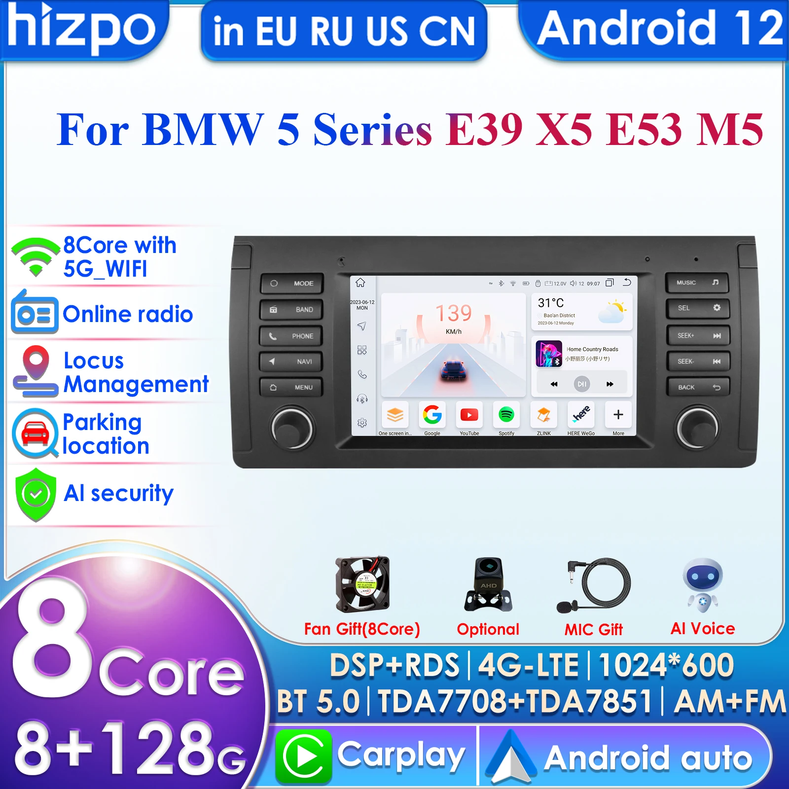 

EU Stock Wireless Carplay AutoRadio 2Din Android 12 for BMW X5 11 E53 E39 M5 1996-2003 Multimedia GPS Navigation Stereo Audio 4G