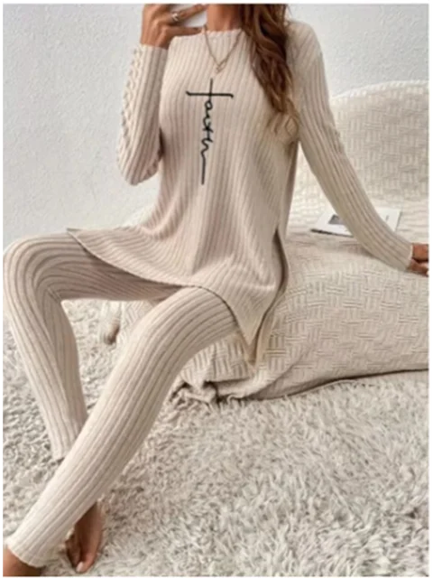 Women S Casual Ribbed Pants Set Long Sleeved Slim Fit Monochromatic Slit Autumn Winter Clothes.png