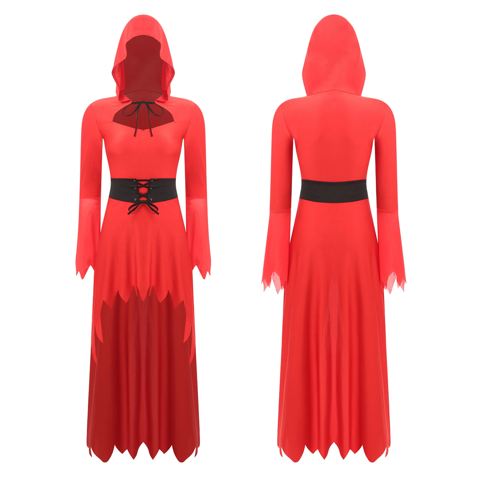 Womens Halloween Devil Demon Cosplay Dress And Waist Belt Flared Jagged Trims Hooded Dementors Ghost Dress Dress Up Outfits