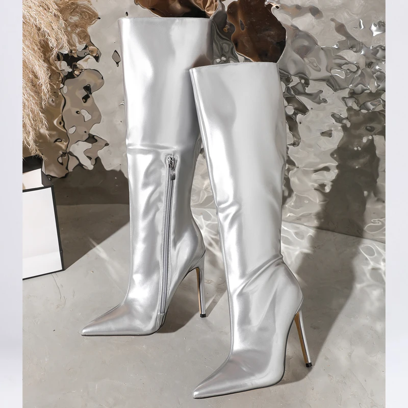 Size 36-42 Autumn Winter Thin High Heels Knee-High Boots Female Fashion Pointed Toe Zipper Stripper Women Silver Shoes