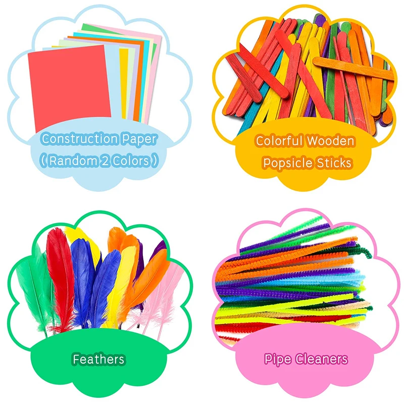 DIY Art Craft Kit for Kids Pompoms Pipe Feather Foam Flowers Letters Crystal Sticker Wiggle Googly Eyes Handmade Material Kits