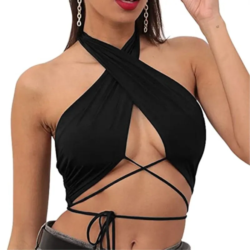 T2K cross-border hot selling summer solid color backless chest strap women's single piece top from Europe and America