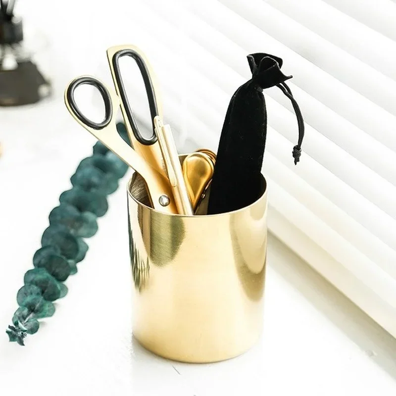 1Pcs Multifunction Brass Gold Round Vase Pen Holder Metal Penholder Pencil  Office Decoration Desk Accessories 6
