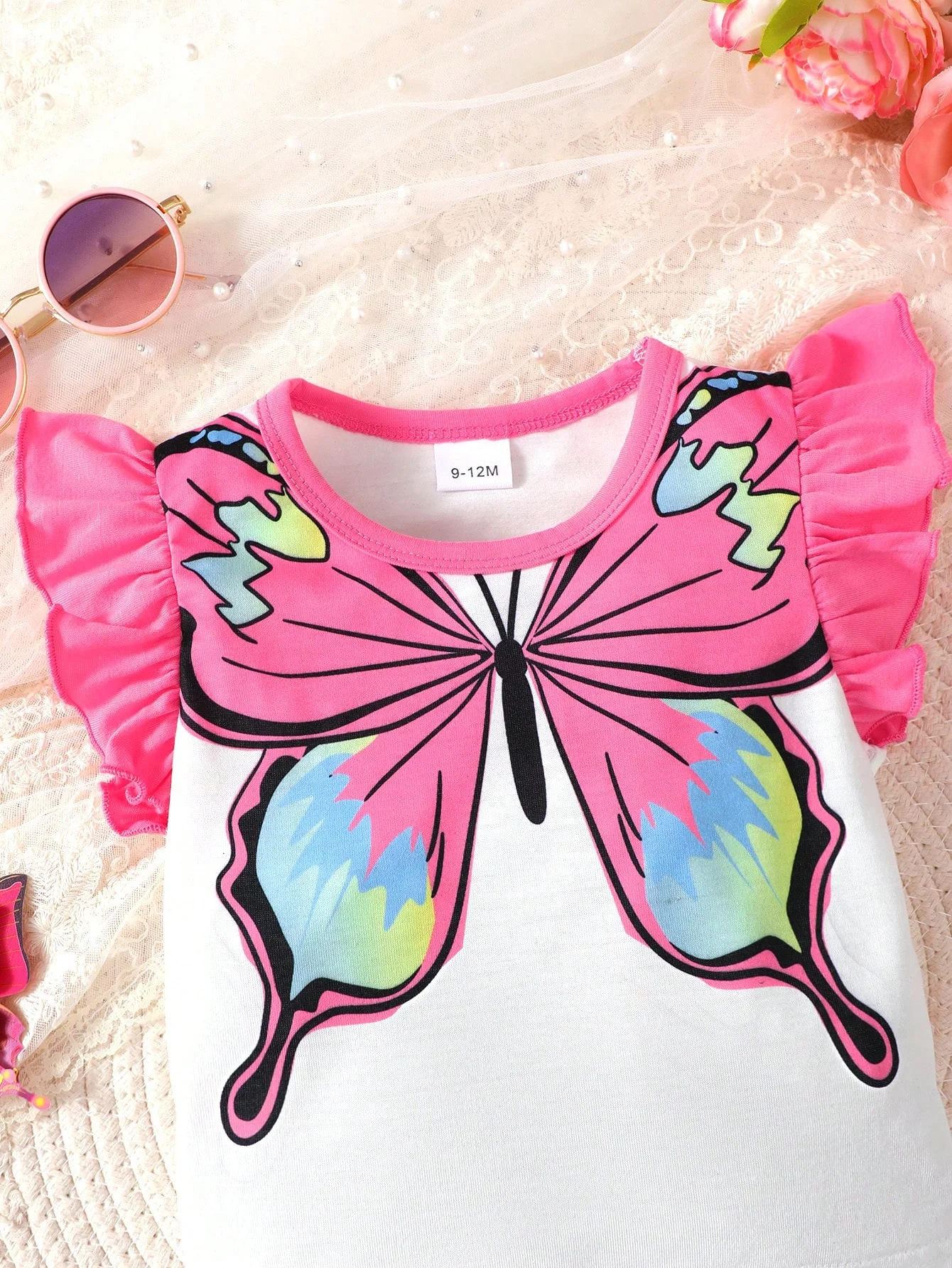 Baby Girl 2PCS Fashion Summer Outfit Set Butterfly Print Ruffle Sleeve T-Shirt + Denim Shorts for 0-3Y Newborn Casual Clothes 4