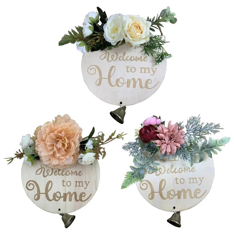 

Welcome Sign Wooden Artificial Wreath Hanging Round Plaque