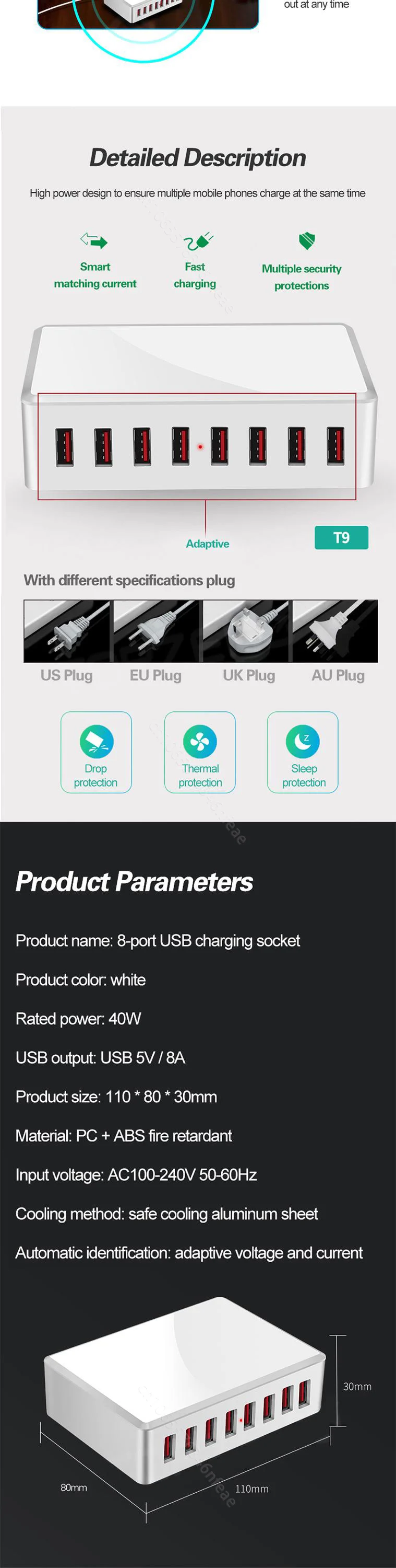 40W 8Ports USB Adapter HUB Charging Station Socket Phone Charger For iPhone 6 7 8 Samsung Xiaomi Huawei US EU UK_voghion.com