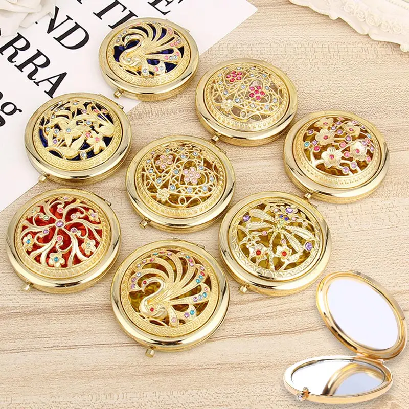 Cute Fashion Women Folding Pocket Mirror Round Compact Double-Sided Crystal Hollow Makeup Mirrors Espejos De Bolsillo Mujer