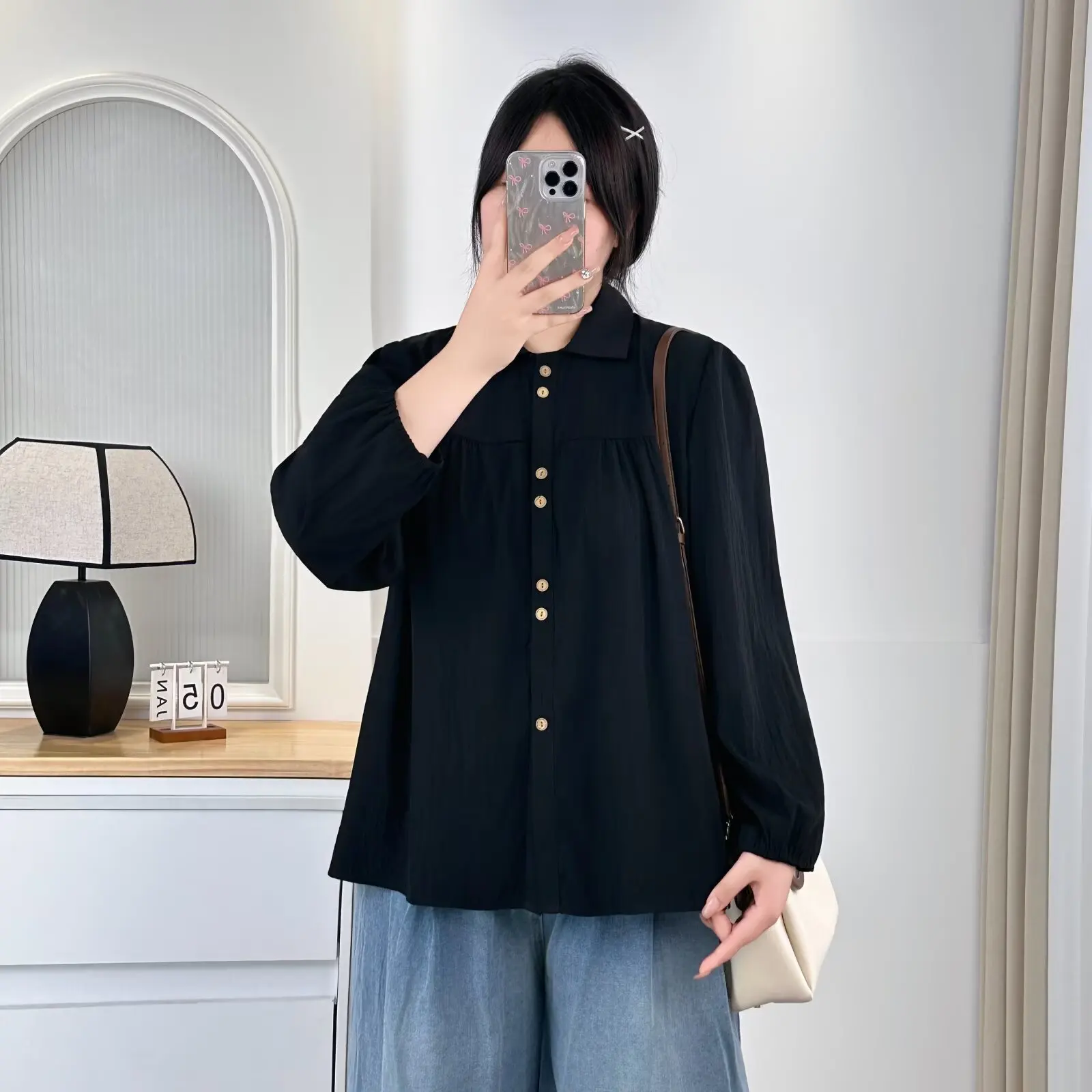 Plus Size Women's Blouses 2025 Autumn Casual double-button Puff Sleeved Peter Pan Collar Shirt 663