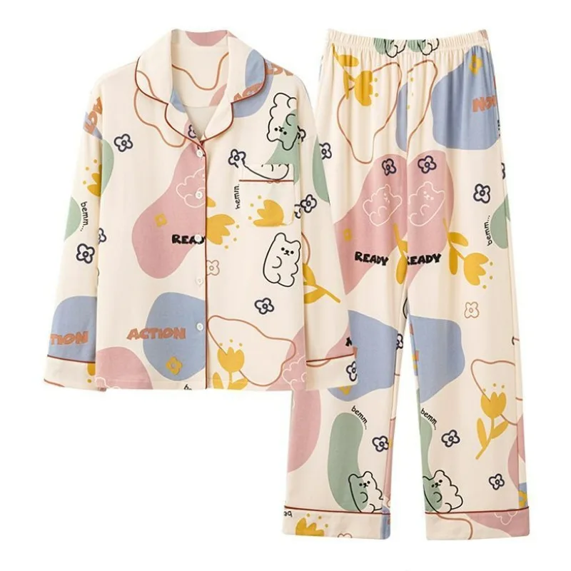 2024 New Women Pajamas Spring Female Pure Cotton Long-Sleeved Cardigan Cartoon Cute Sleepwear Sets Casual Loose Homewear Suit