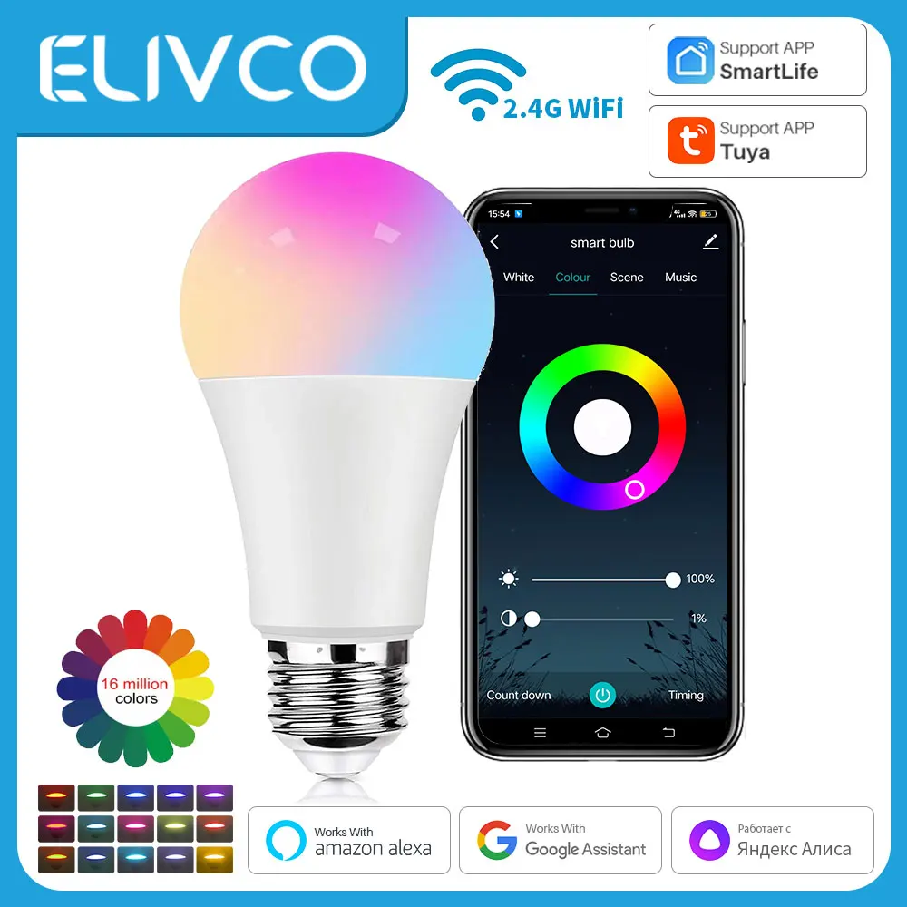 Tuya 스마트 전구 E27 WiFi 디밍 가능 LED 전구 Bluetooth/Zigbee RGBCW 100-240V 스마트 라이프 App 제어 지원 Alexa Google Hom