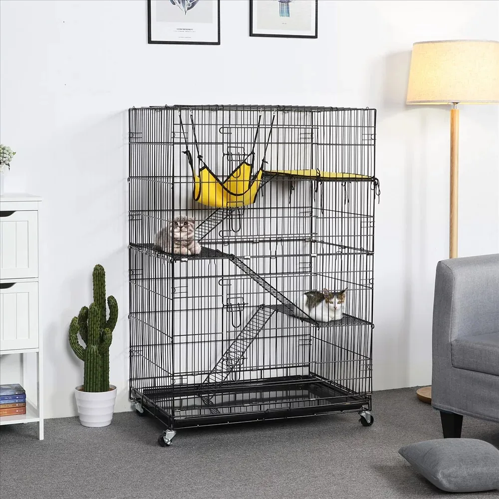 

Playpen for Animals Free Shipping Large Cage 4 Tiers 3 Stairs Rolling Cat Cage for Pet Parents Black Birdcage Cats Corral Cages