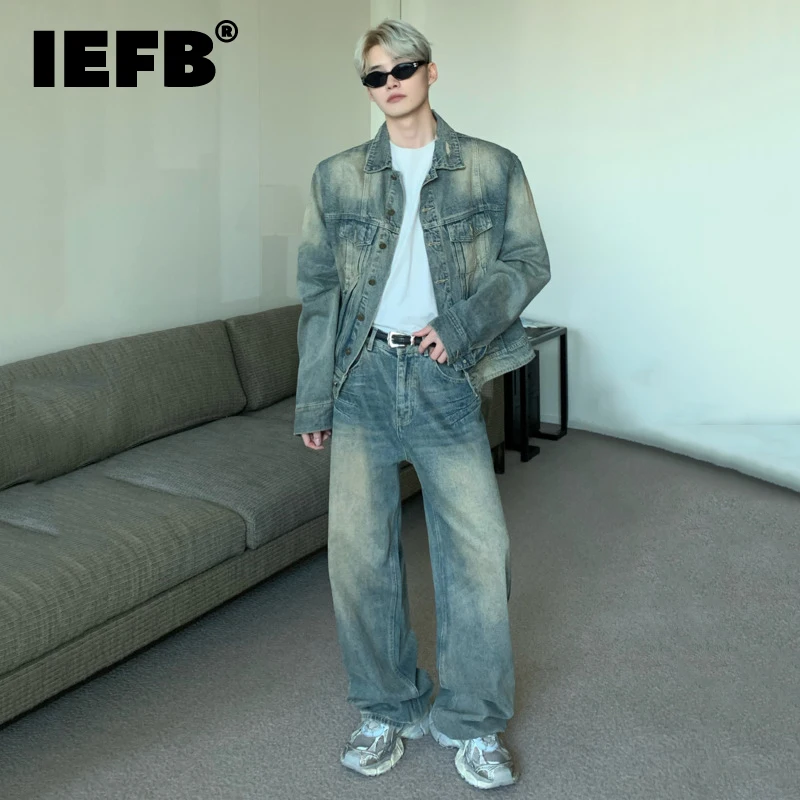 

IEFB Niche Men's Vintage Denim Sets Fashion Washed Denim Coat Loose Shoulder Pads Jacket Straight Wide Leg Pants Two Piece 9C910