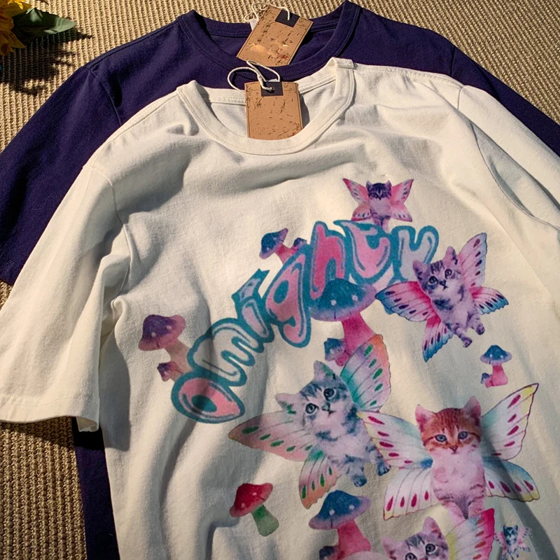 

Harajuku T-shirt Butterfly Mushroom Cat Print Short Sleeve Streetwear Tops Oversized Blouse Casual Vintage Dress Punk Clothes