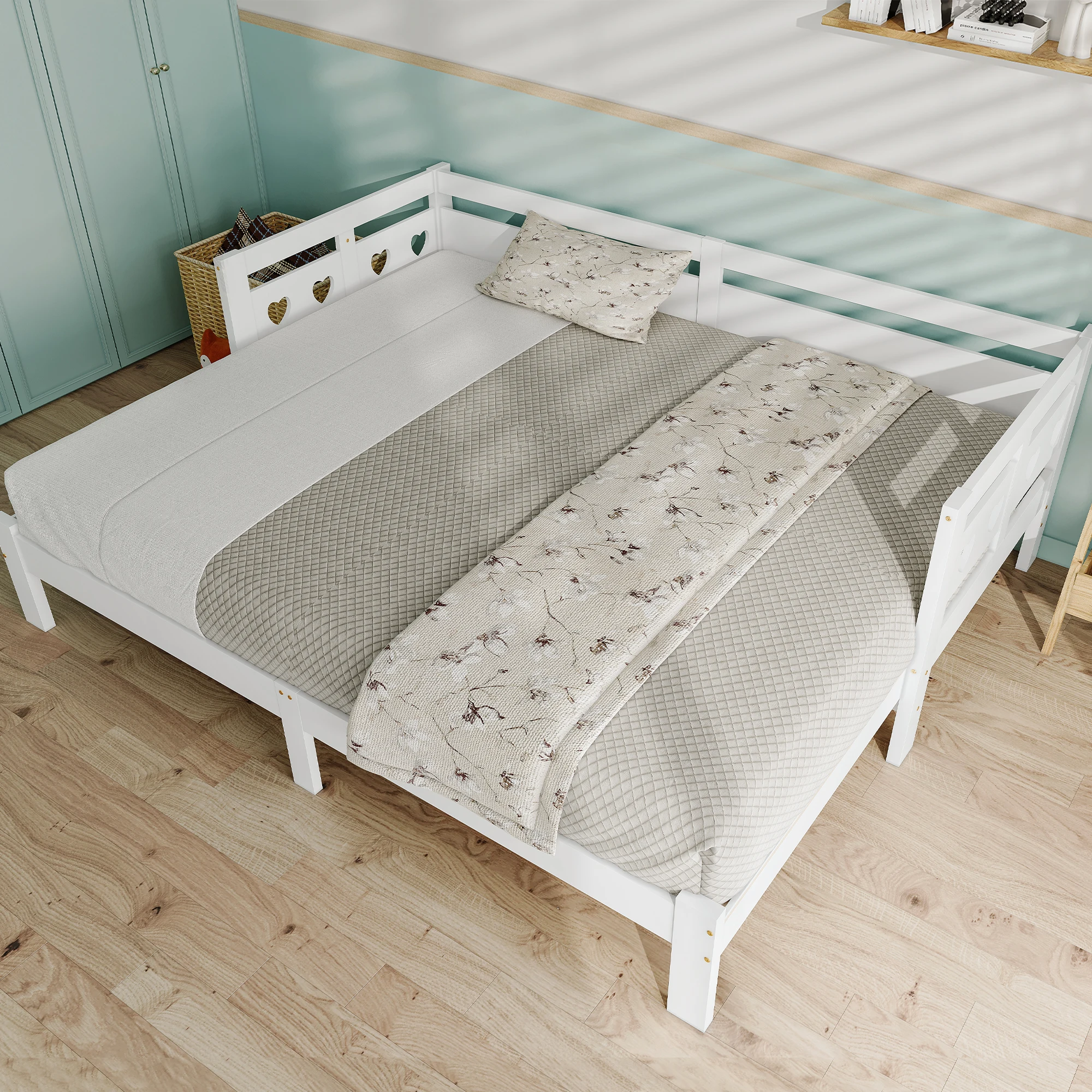 Tagesbett, ausziehbares Bett, aus massivem Kiefernholz, mit zweiter Schlafmöglichkeit und Lattenrost, herzförmiges Bett, weiß – Detail 13