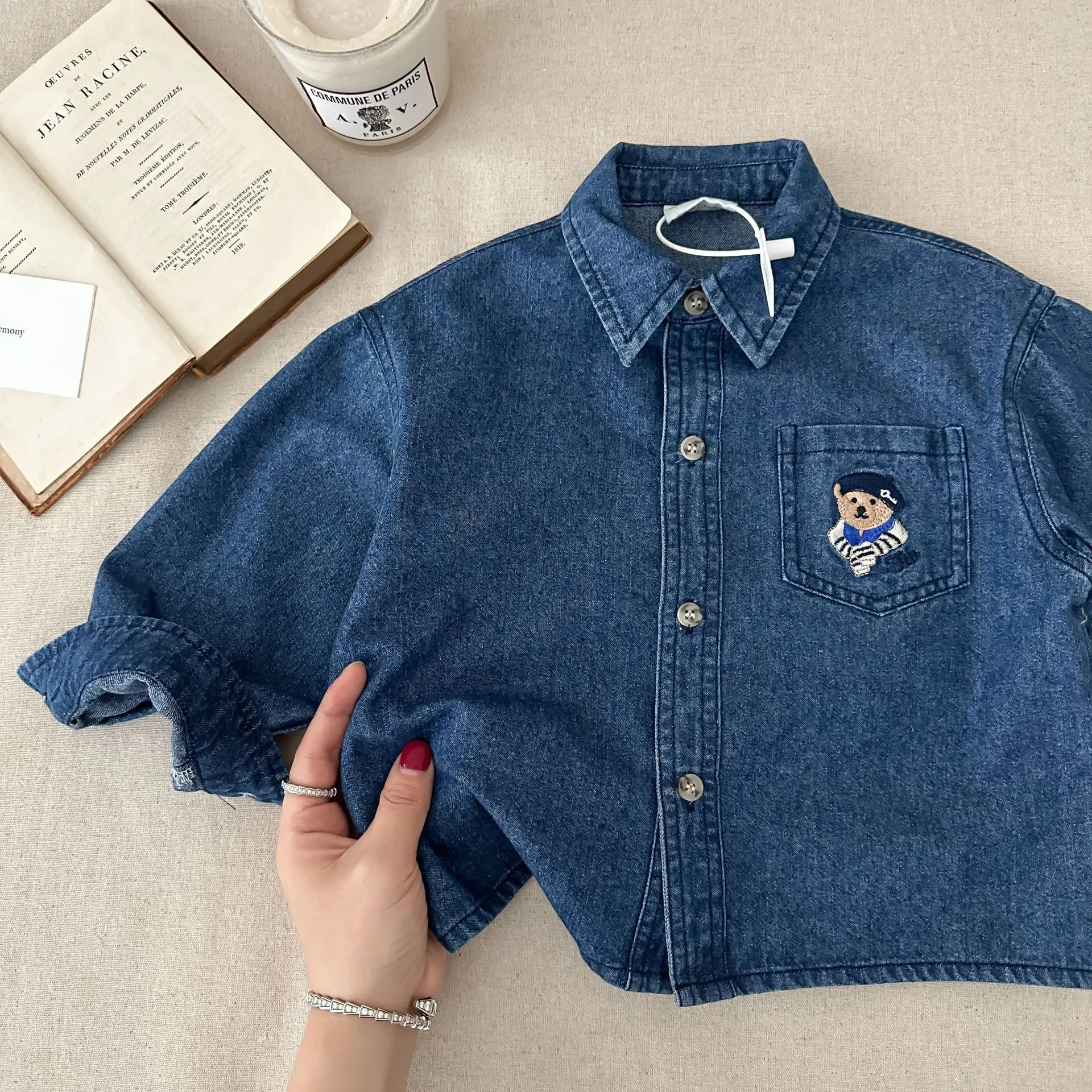 Spring Autumn Boys Casual Cotton Long Sleeve Blouse with Embroidery Bear Two Colors