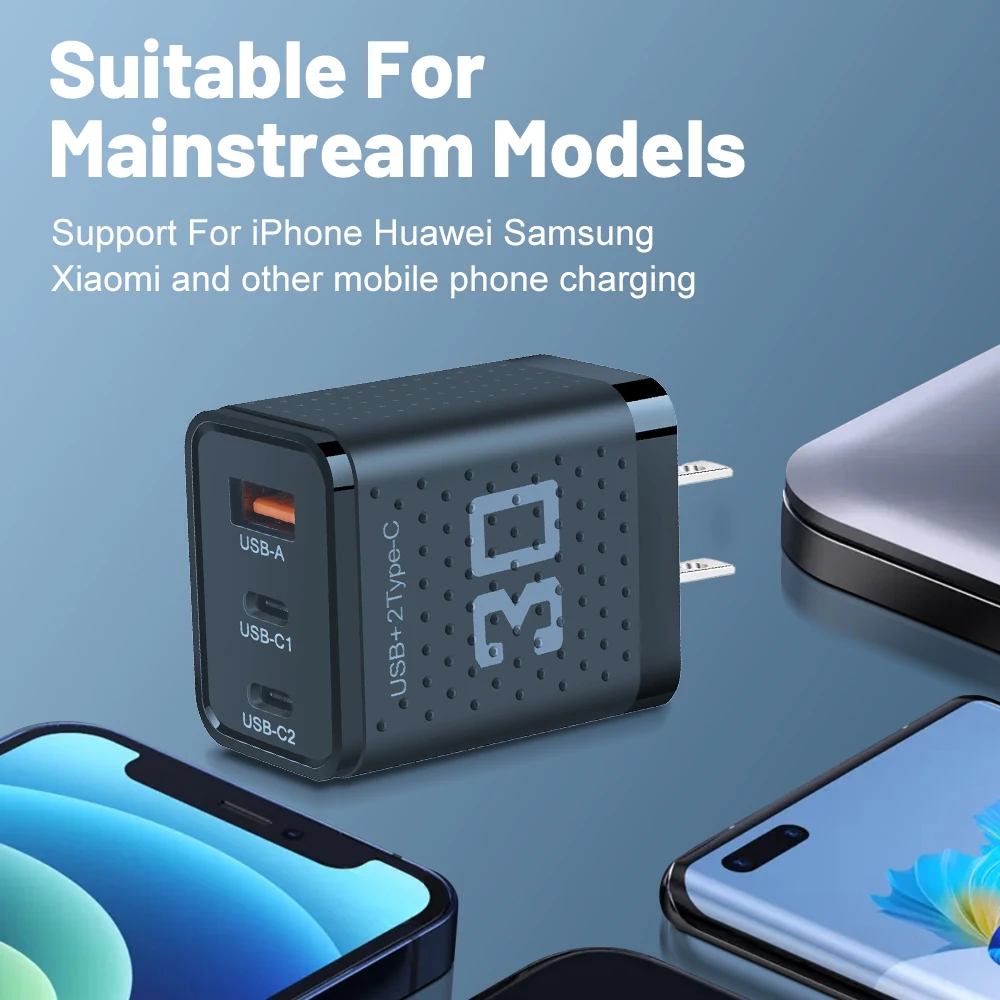 30W Dual PD USB Type C 3 Ports Super Fast Charging QC 3.0 EU/US/UK Plug Mobile Phone Adapter For iPhone 15 Xiaomi Samsung Huawei