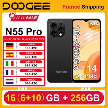 Smartphone DOOGEE N55 Pro Android 14, 16 GB (6+10) RAM 256 GB ROM 5150 mAh 6,56'' HD+ 90 Hz 13 MP Sblocco facciale Jack per auricolari da 3,5 mm
