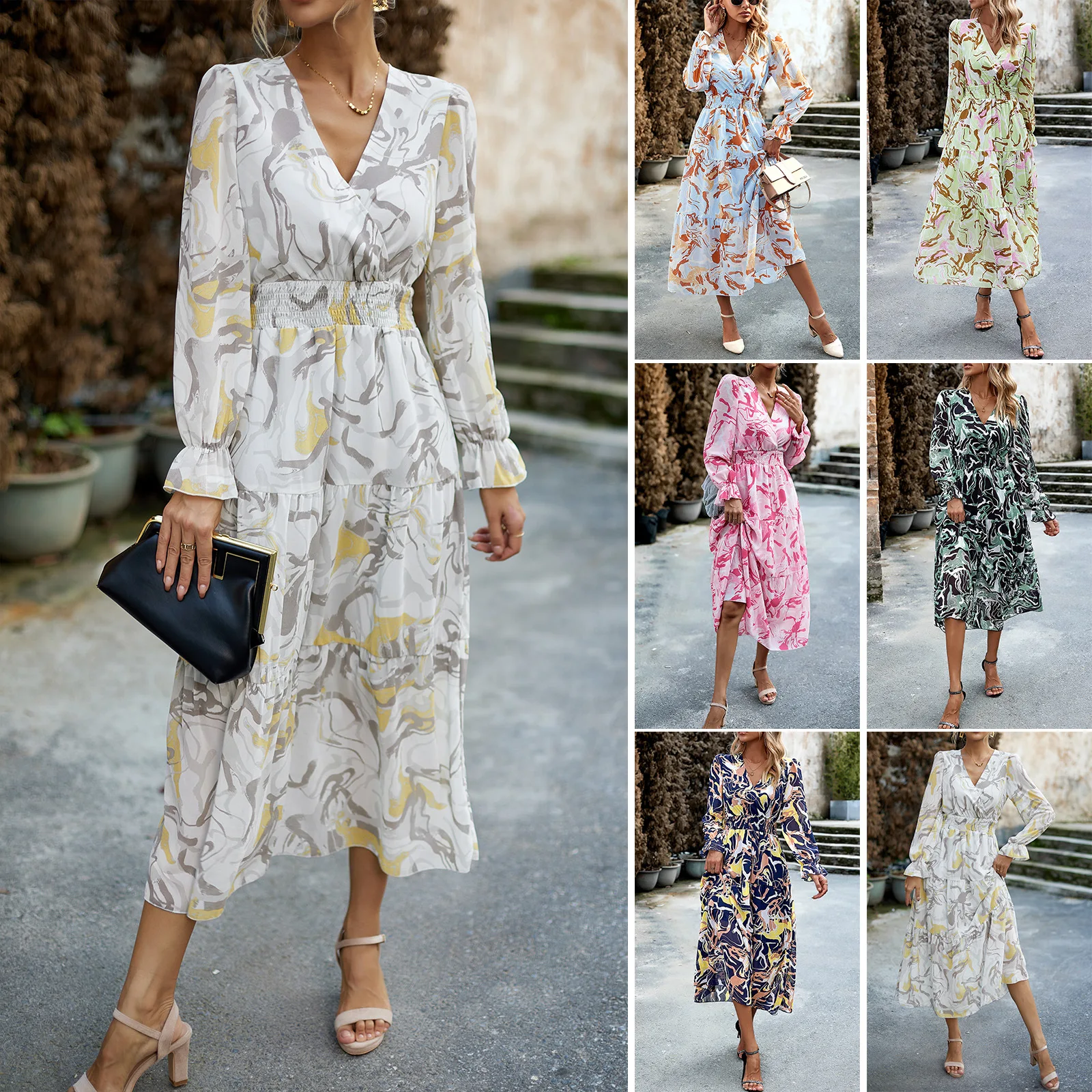 Women's Printed V-neck Waist Cinching Dress, Ruffled Edges, Casual Long Dress, Elegant Vintage Dress, High Quality, Y2k, 2024