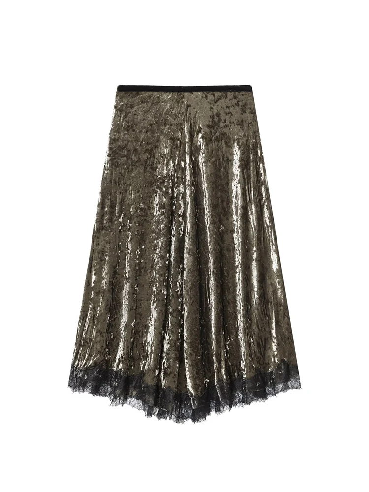 TFMLN Elegant Velvet Midi Skirts For Women Solid Lace Hem Splicd New High Waist Long Skirt Casual Streetwear Chic Lady Skirts
